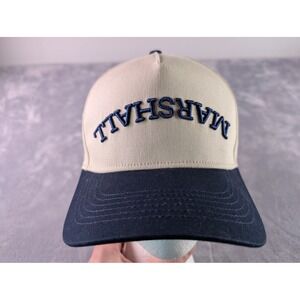 Marshall Upside Down Logo Snapback Hat Tan Navy Blue Two Tone Baseball Cap